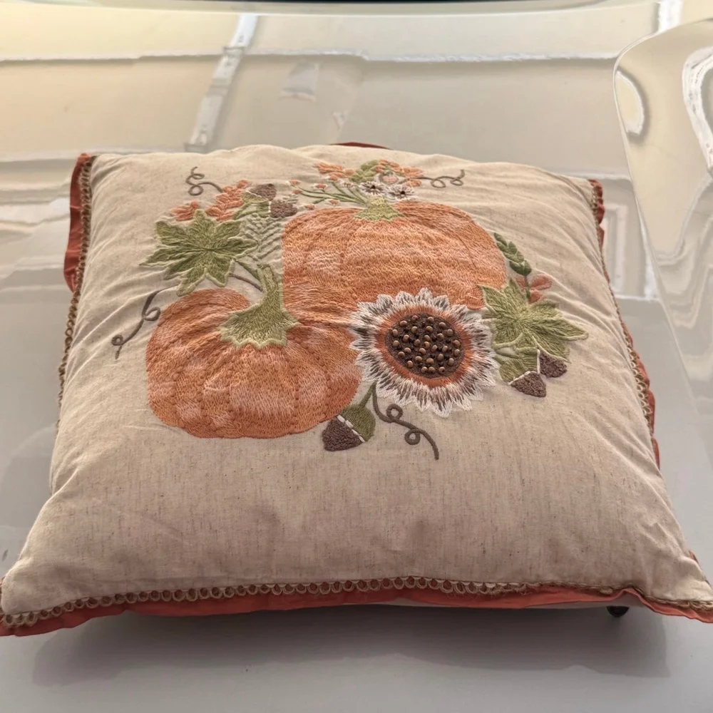 Pier 1 Imports Harvest Fall Embroidered Pumpkin Pillow 16”x16”